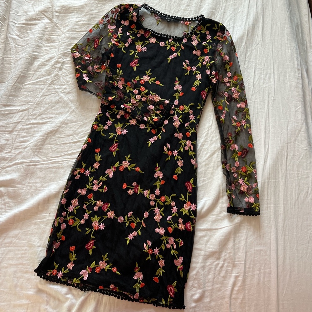 Olivaceous Black Dress with Floral Embroidery